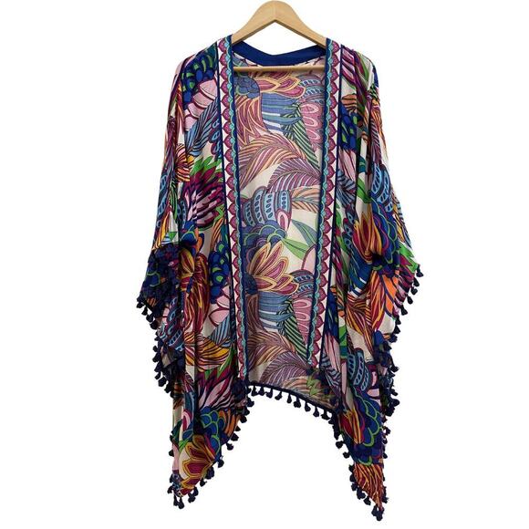 Trina Turk Paradise Plume Kimono Cover-Up OS | Tropical Tassel Trim, Bold Print - Picture 4 of 5